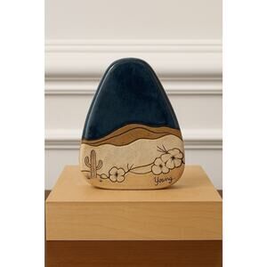 Southwest Pottery Vase Signed Young 5” Blue Ceramic Landscape Art Studio Decor